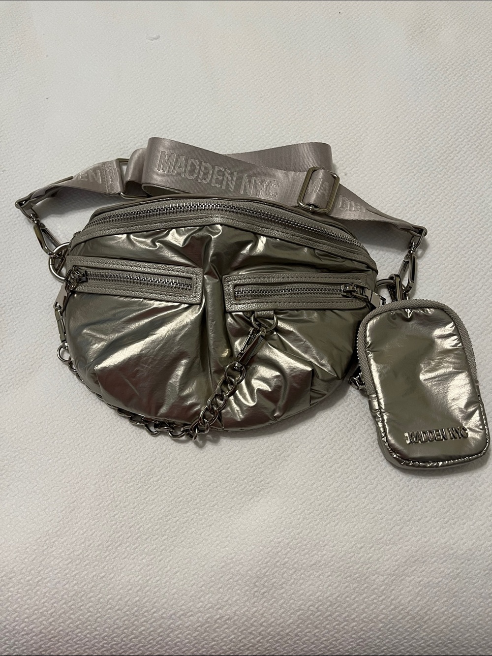 NWOT Steve Madden Metallic Silver Belt Bag with Detachable Pouch